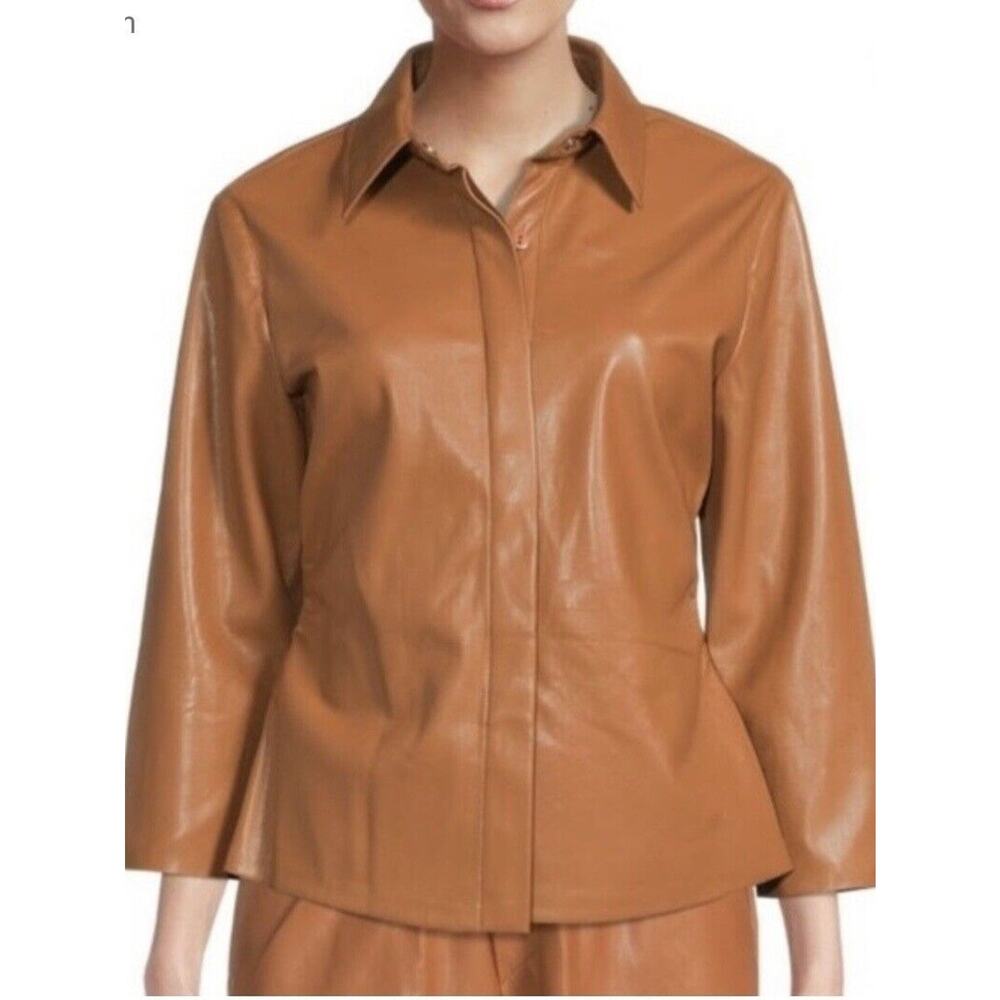ELIE‎ TAHARI Women's Vegan Leather Brown Caramel Button Down Shirt Jacket Lg New
